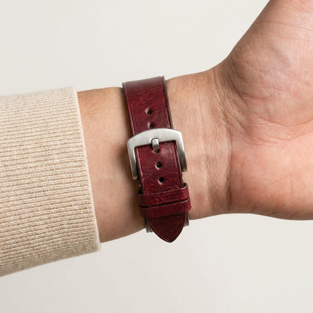 Premium 22mm Vintage Red Genuine Leather Watch Strap – Quick Release Hand-Stitched Band with Heavy Duty Stainless Steel Buckle