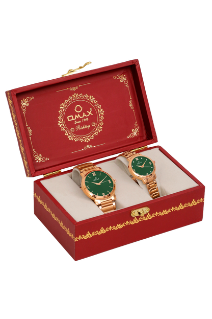 OMAX Analog Green Dial with Rose Gold Stainless Steel Strap Watch Pair for Couple -CPL03