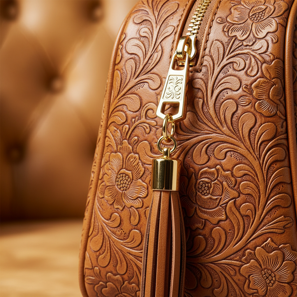 Close-up of embossed floral texture and gold tassel