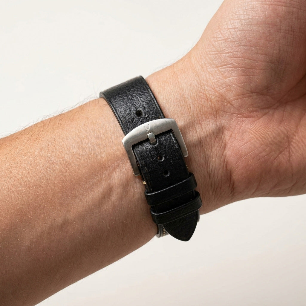 Premium 22mm Vintage Black Genuine Leather Watch Strap – Quick Release Hand-Stitched Band with Heavy Duty Stainless Steel Buckle