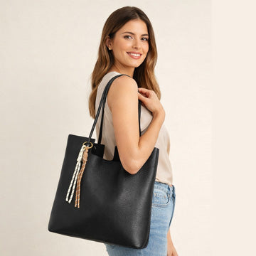 Black Tote Bag for Women with Mini Sling Pouch – OMAX OMB-404 Office Handbag - side view