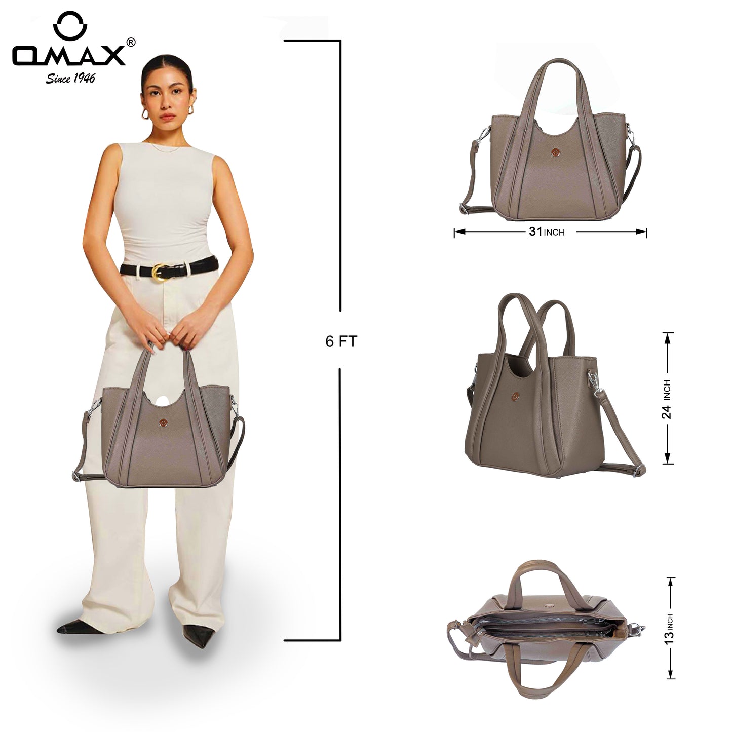 Omax E02 Taupe Bag – Feature Callout Infographic