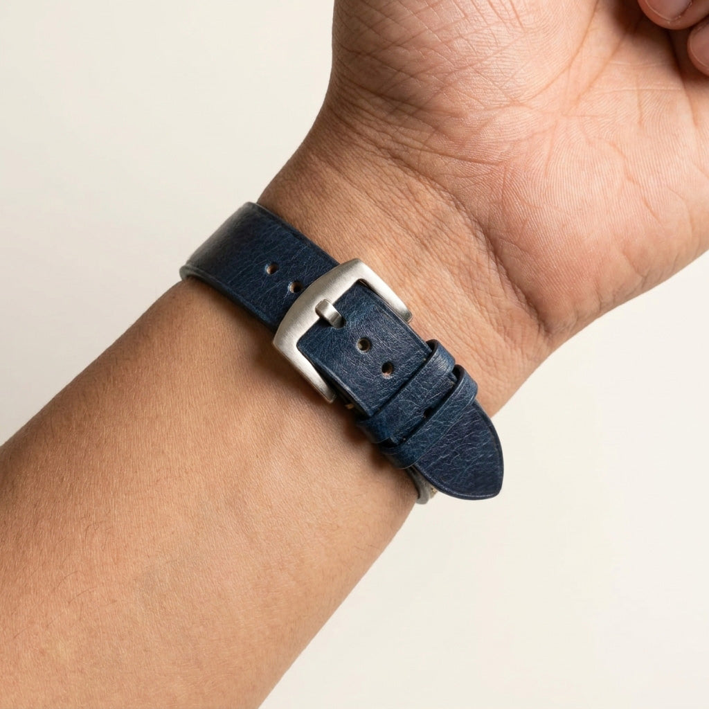Premium 22mm Vintage Blue Genuine Leather Watch Strap – Quick Release Hand-Stitched Band with Heavy Duty Stainless Steel Buckle