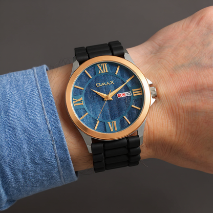 Omax analog Blue Dial ,Rose Gold Case with Black Log lasting Silicone Strap watch for Men BGS6515