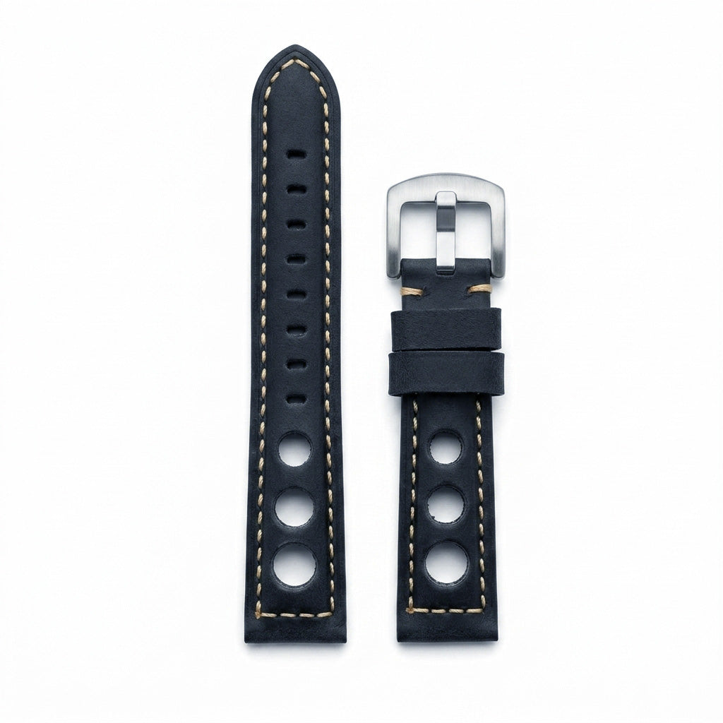 Omax 20mm Blue Vintage Rally Genuine Leather Watch Strap – Perforated Racing Style Band with Full Contrast Stitching & Heavy Duty Buckle