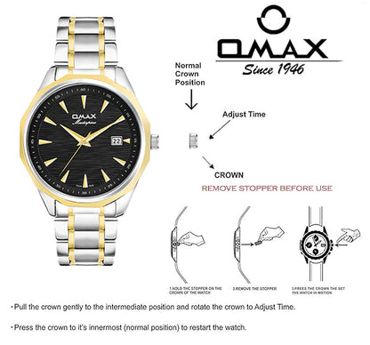Omax Black Dial Stainless Steel Two Tone Gold and Silver Chain Watch for Men-BGS440