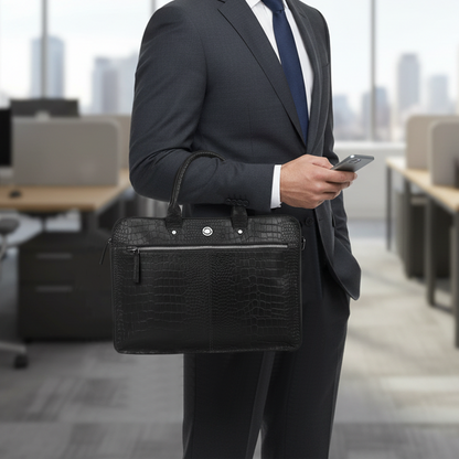 Omax Black Genuine Leather Croco Design with Metal Zipper Laptop Bag for Men and Women LTHR02