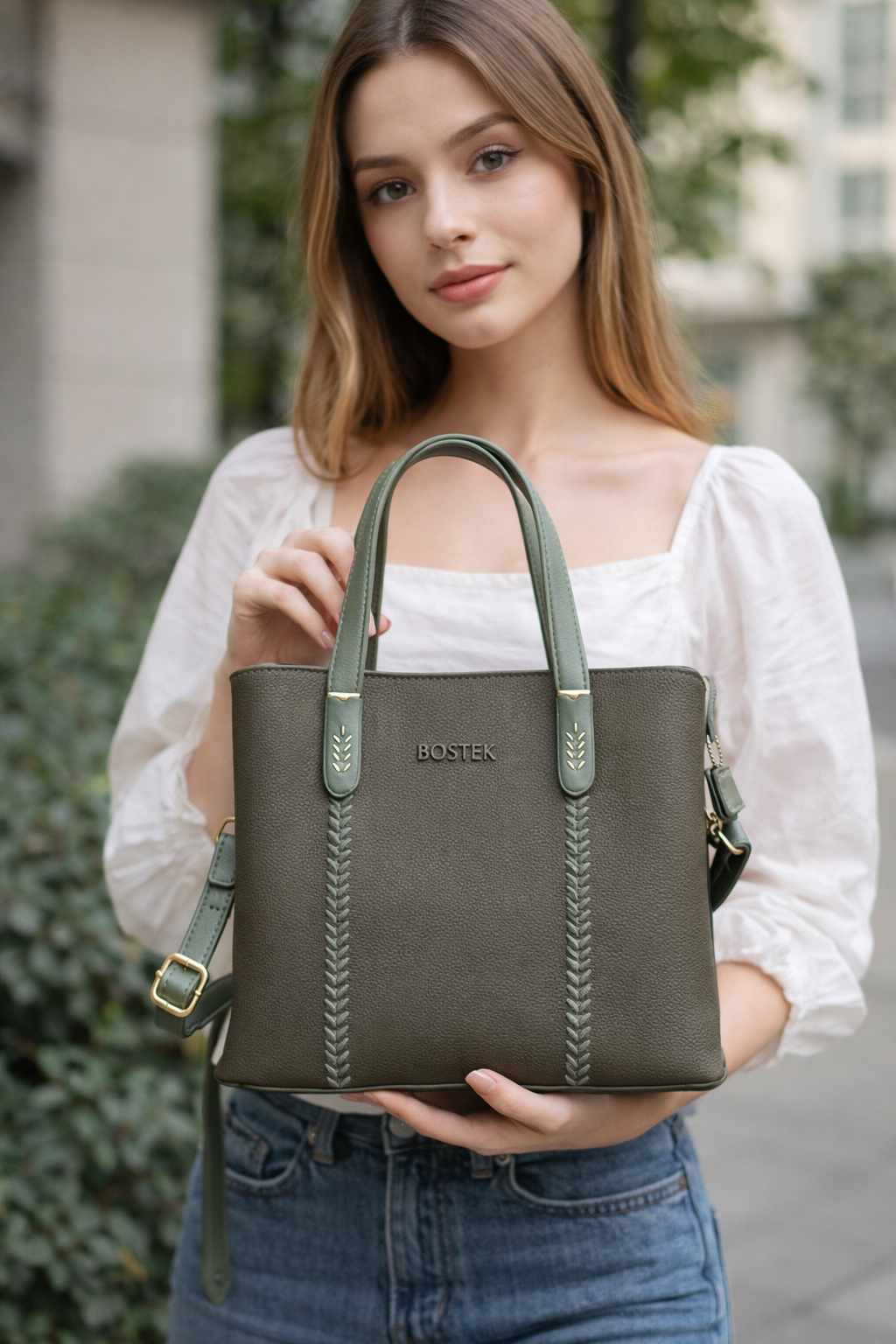 Olive Green Handbag for Women – OMAX Structured PU Leather Tote with Detachable Sling