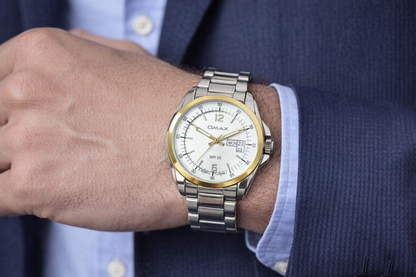 Omax White Dial Day Date Gold Bezel Stainless Steel Watch for Men – SS397