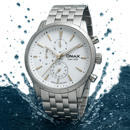 Omax White Dial Chronograph Display Silver Stainless Steel Watch for Men SS408