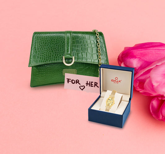 Omax Valentine’s Day Gift Combo – Golden Ladies Watch & Genuine Leather Mini Handbag BCCOM09