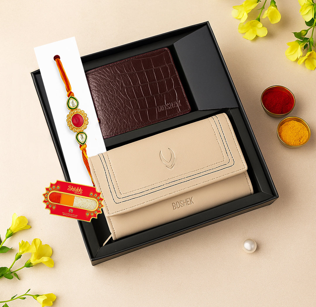 Omax Rakhi Gift Combo – Genuine Leather Men’s Wallet & Elegant Ladies Clutch BCCOM06