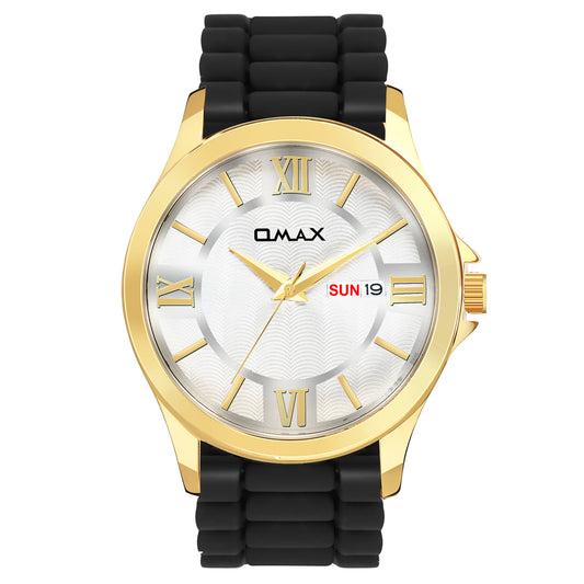 Omax analog White Dial, Golden Case with Black Log lasting Silicone Strap watch for Men BGS6515