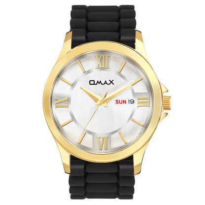 Omax analog White Dial, Golden Case with Black Log lasting Silicone Strap watch for Men BGS6515