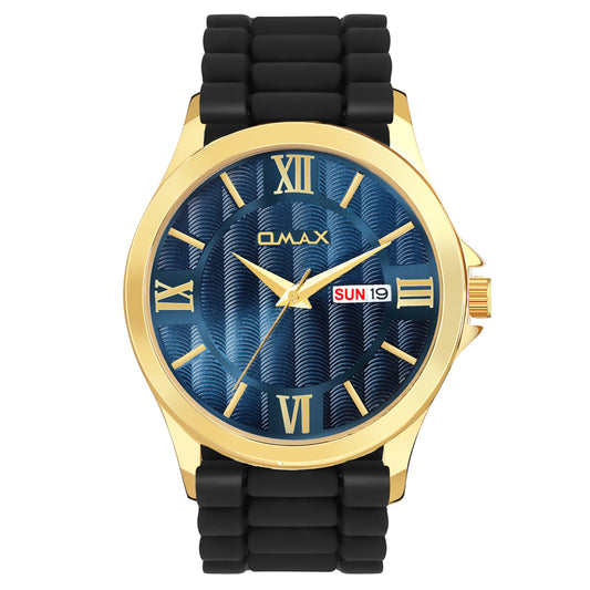 Omax analog Blue Dial Golden Case with Black Log lasting Silicone Strap watch for Men BGS6515