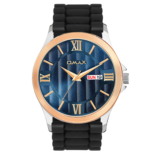 Omax analog Blue Dial ,Rose Gold Case with Black Log lasting Silicone Strap watch for Men BGS6515