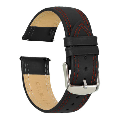 Omax 22mm Dark Black Solid Genuine Leather Watch Strap Double Stitch for Quick Release and Self Changeable| FS348