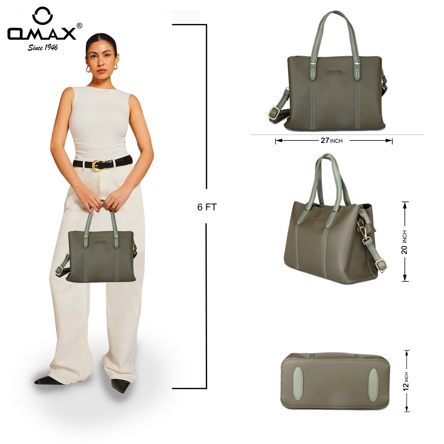 Olive Green Handbag for Women – OMAX Structured PU Leather Tote with Detachable Sling