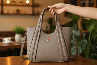Omax E02 Taupe Handbag – Café Lifestyle Shot