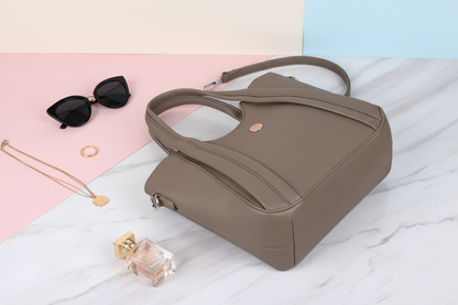 Omax E02 Taupe PU Leather Bag – Flat Lay with Contents