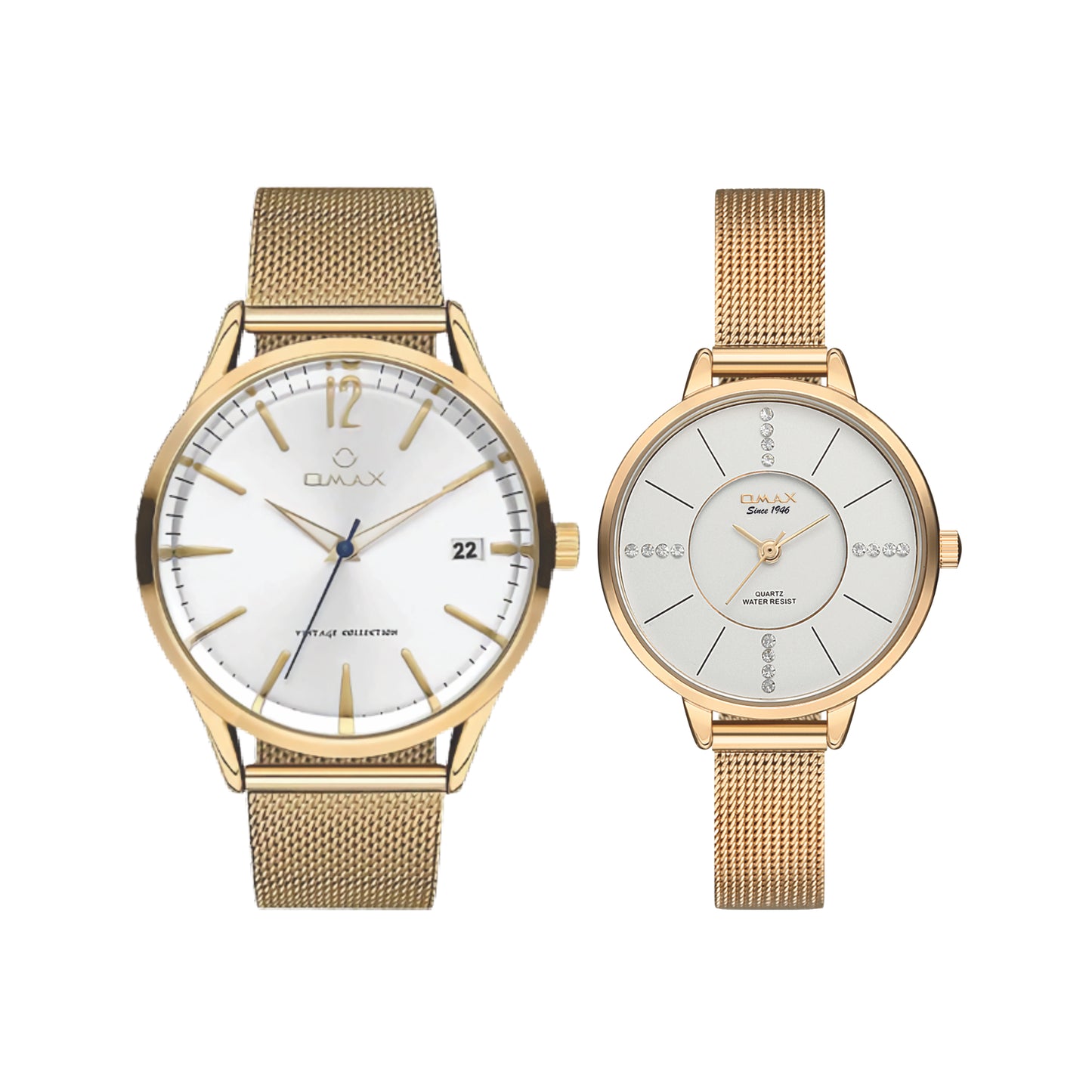 OMAX Analog White Dial with Golden Stainless Steel Mesh Strap Watch Pair for Couple -CPL01