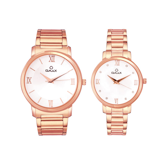 OMAX Analog White Dial with Rose Gold Stainless Steel Strap Watch Pair for Couple -CPL03