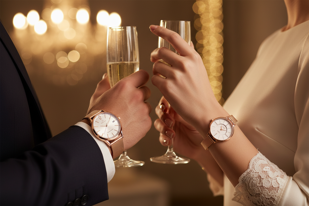 Omax Rose Gold Couple Watches – White Dial Rose Gold Steel Mesh Strap Watch Set CPL01