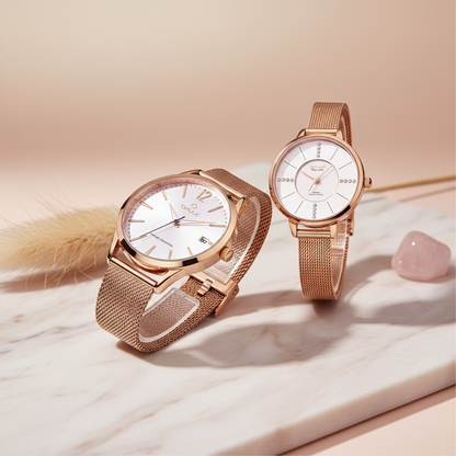 Omax Rose Gold Couple Watches – White Dial Rose Gold Steel Mesh Strap Watch Set CPL01