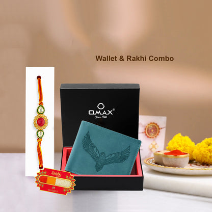 OMAX Aqua Blue Eagle Embossed Design Genuine Leather Mens Wallet with Free Rakhi for Brother RBFW253
