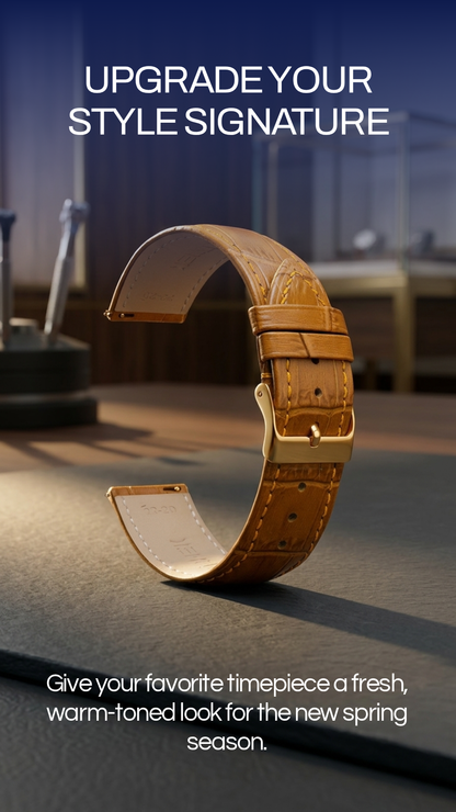Omax Tan Croco Genuine Leather Watch Strap – Golden Buckle, Quick-Release | FS354