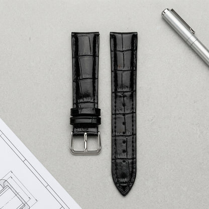Omax Black Croco Genuine Leather Watch Strap – Silver Buckle, Quick-Release | FS412