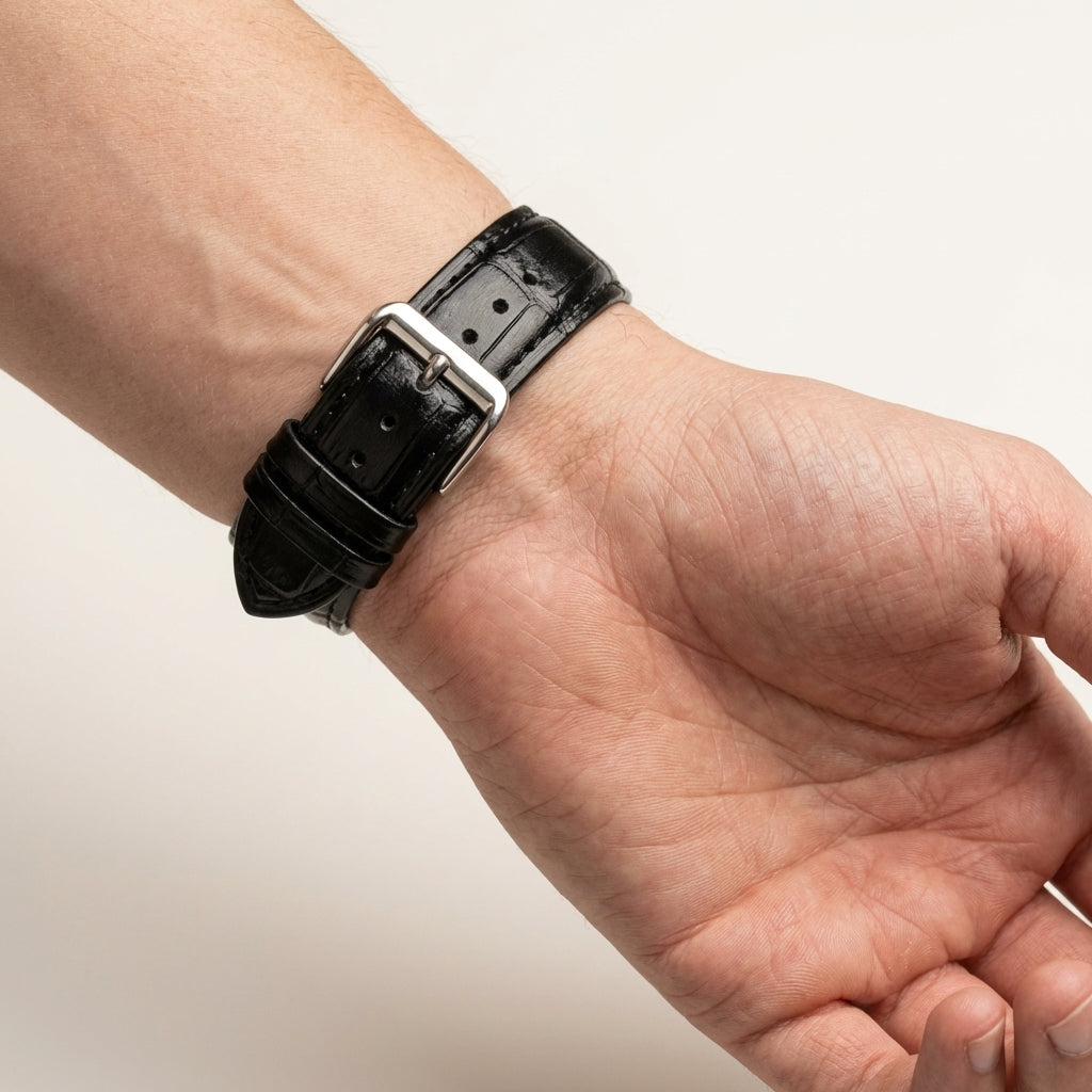 Omax Black Croco Genuine Leather Watch Strap – Silver Buckle, Quick-Release | FS412