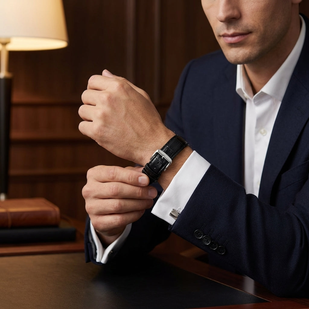 Omax Black Croco Genuine Leather Watch Strap – Silver Buckle, Quick-Release | FS412