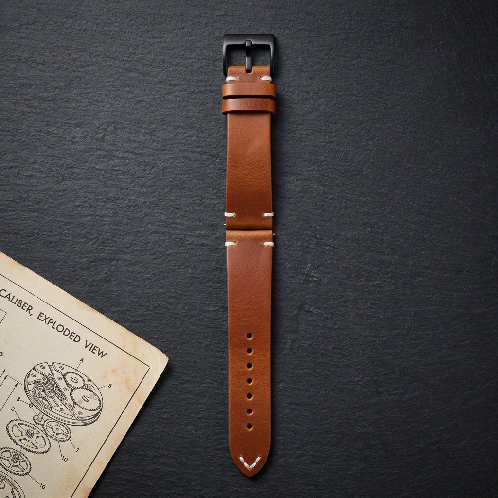 Omax Tan Genuine Leather Watch Strap – Black Buckle, Handcrafted V-Stitch, Quick-Release | FS328