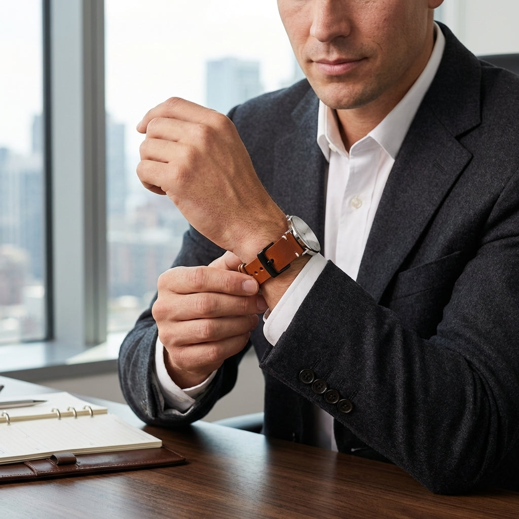 Omax Tan Genuine Leather Watch Strap – Black Buckle, Handcrafted V-Stitch, Quick-Release | FS328