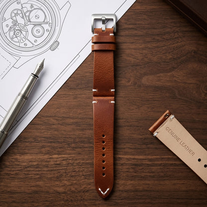 Omax Tan Genuine Leather Watch Strap – Silver Buckle, Handcrafted V-Stitch, Quick-Release | FS328