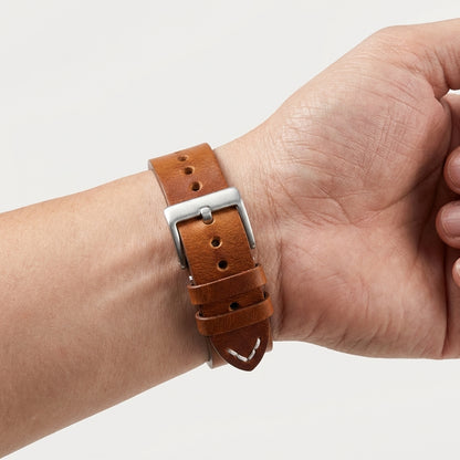 Omax Tan Genuine Leather Watch Strap – Silver Buckle, Handcrafted V-Stitch, Quick-Release | FS328