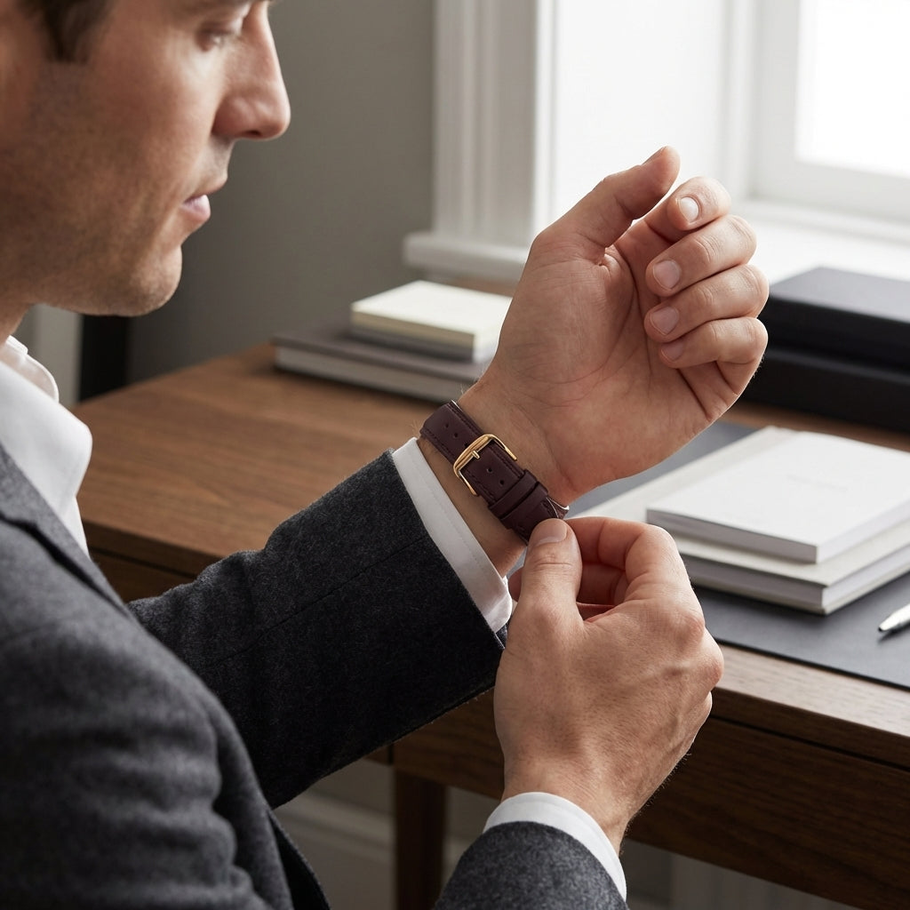 Omax Brown Genuine Leather Watch Strap – Golden Buckle, Semi-Padded, Quick-Release | FS306