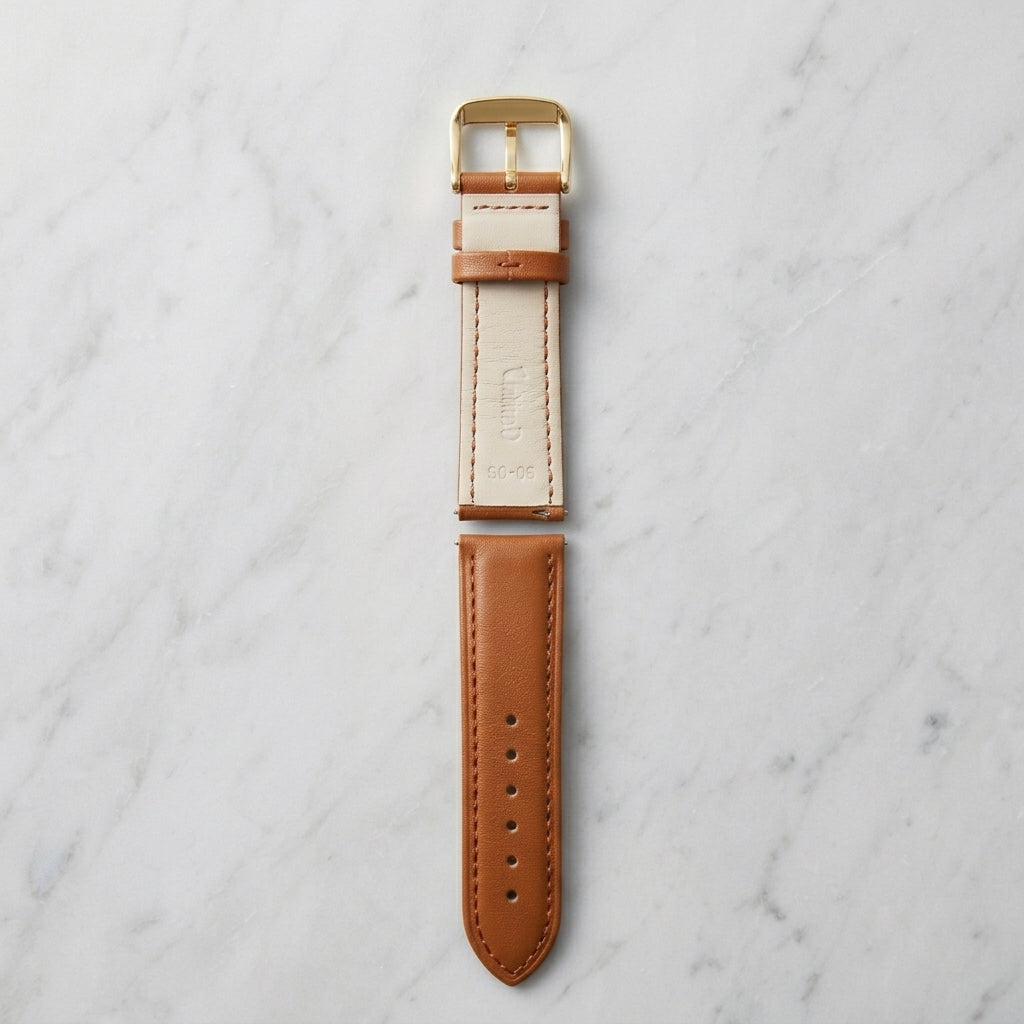 Omax Tan Genuine Leather Watch Strap – Golden Buckle, Semi-Padded, Quick-Release | FS306