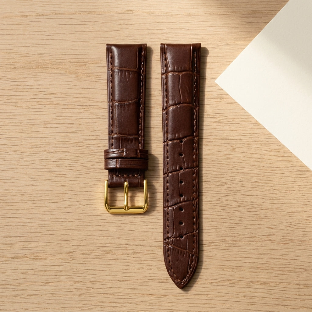 Omax Dark Brown Croco Genuine Leather Watch Strap 22mm – Golden Buckle, Quick-Release | FS412
