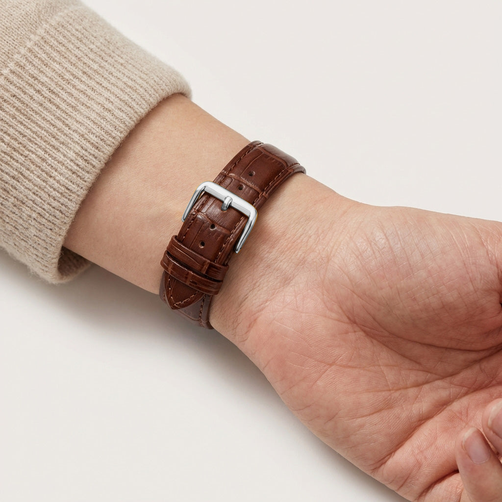 Omax Dark Brown Croco Genuine Leather Watch Strap – Silver Buckle, Quick-Release | FS412-BR-22-S