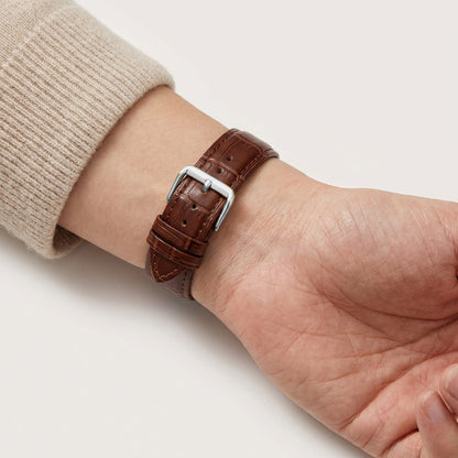 Omax Dark Brown Croco Genuine Leather Watch Strap – Silver Buckle, Quick-Release | FS412-BR-22-S