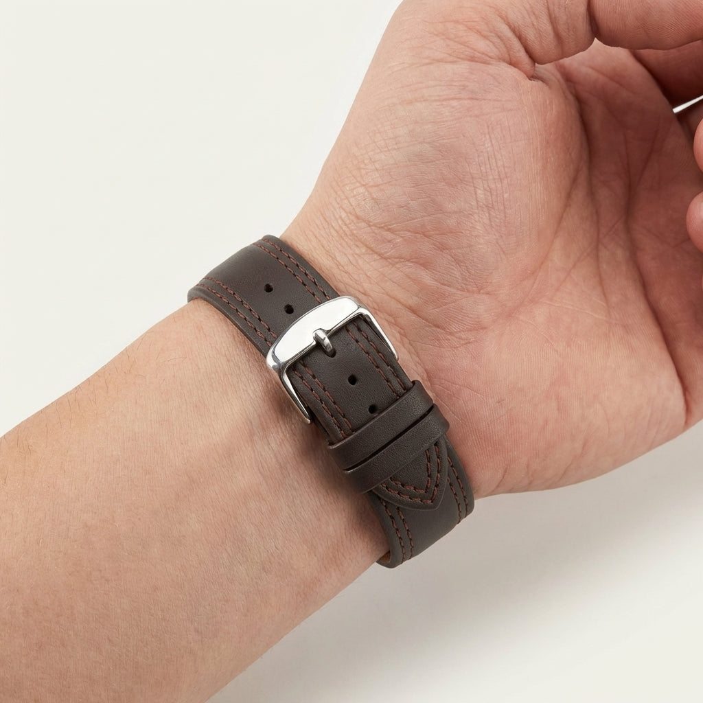Omax dark brown 22mm Solid Genuine Leather Watch Strap-Double Stitch for Quick Release and Self Changeable FS347