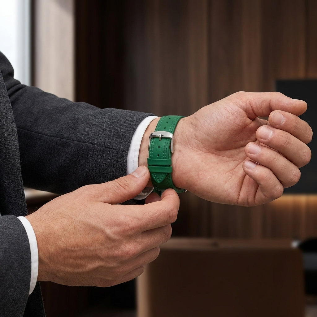 Omax 22mm Green Solid Genuine Leather Watch Strap-Double Stitch for Quick Release and Self Changeable FS347