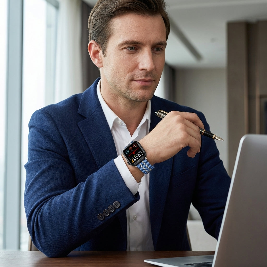 Omax FMS102 Blue & Steel Two-Tone Stainless Steel Apple Watch Strap – 38mm 40mm 41mm