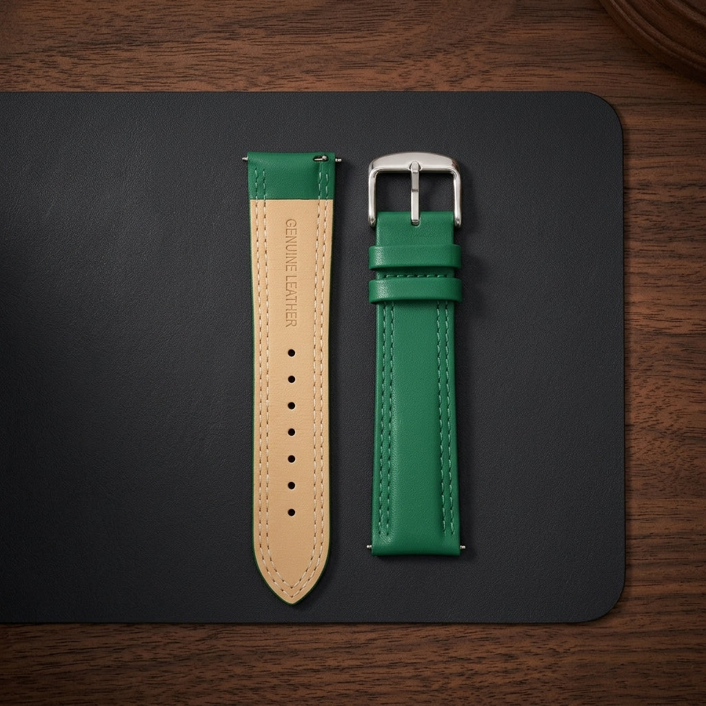 Omax 22mm Green Solid Genuine Leather Watch Strap-Double Stitch for Quick Release and Self Changeable FS347