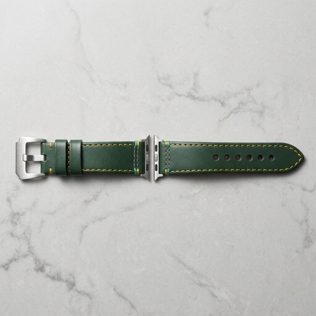 Boshek Green Genuine Leather Watch Strap – Yellow & Blue Stitch, Silver Buckle, Quick Release | FS307