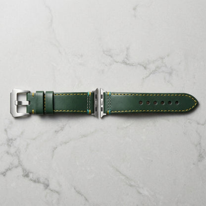 Boshek Green Genuine Leather Watch Strap – Yellow & Blue Stitch, Silver Buckle, Quick Release | FS307