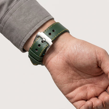 Boshek Green Genuine Leather Watch Strap – Yellow & Blue Stitch, Silver Buckle, Quick Release | FS307