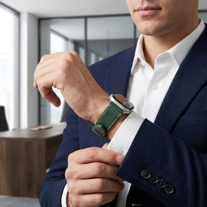 Boshek Green Genuine Leather Watch Strap – Yellow & Blue Stitch, Silver Buckle, Quick Release | FS307